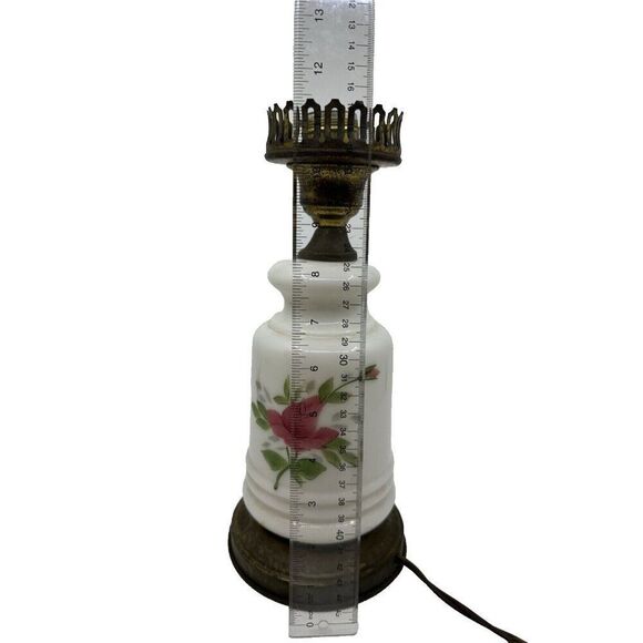 Vintage Milk Glass Oil Lamp Base With Floral Design & Brass Crown Detailing - Picture 11 of 14